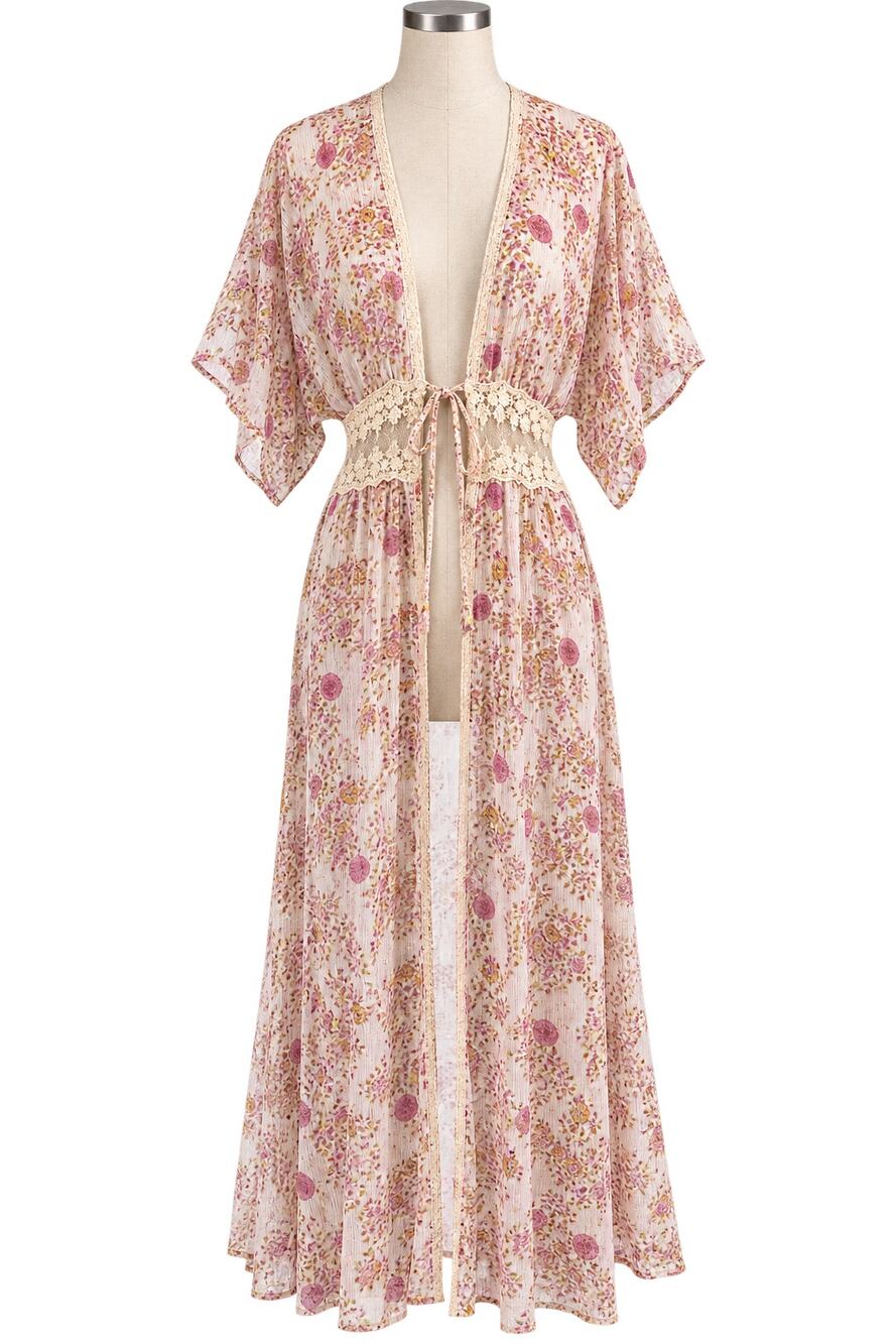 Trixxi Sheer Cream/Pink Floral Lace Maxi Dress - Boho Cottagecore  - Size L/XL